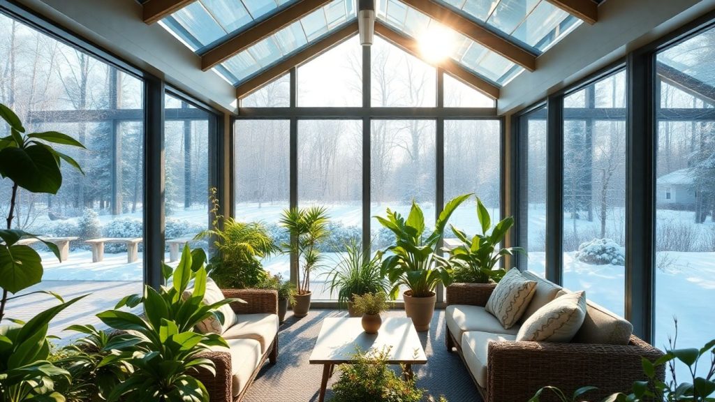 Wintergarten mit Pflanzen und Schnee draußen